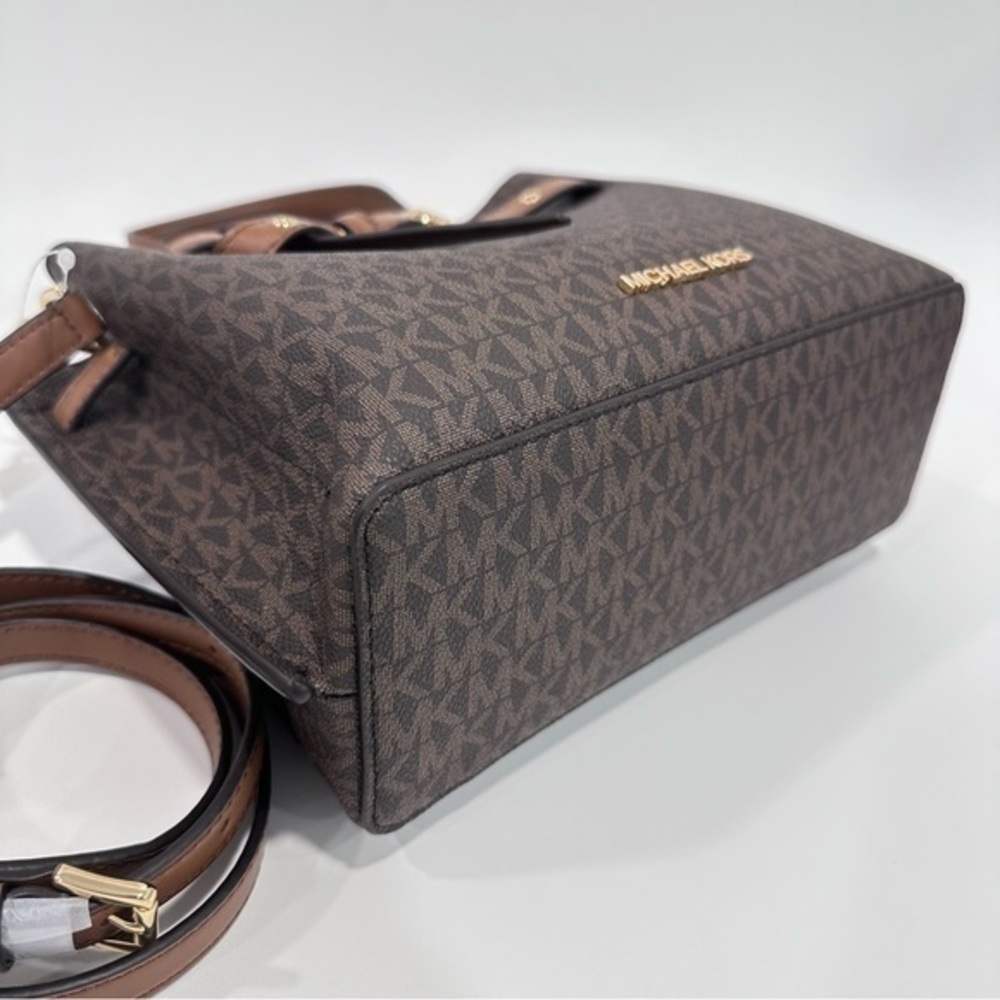 New Michael Kors Emilia Small Logo Printed Canvas Satchel Bag in Brown - Picture 8 of 12